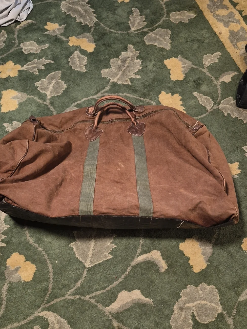 L.L. Bean Brown Canvas Duffel with Green Straps